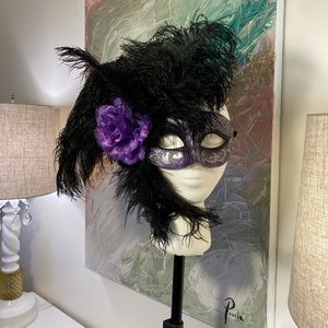 Masquerade masks with feathers, purple/black